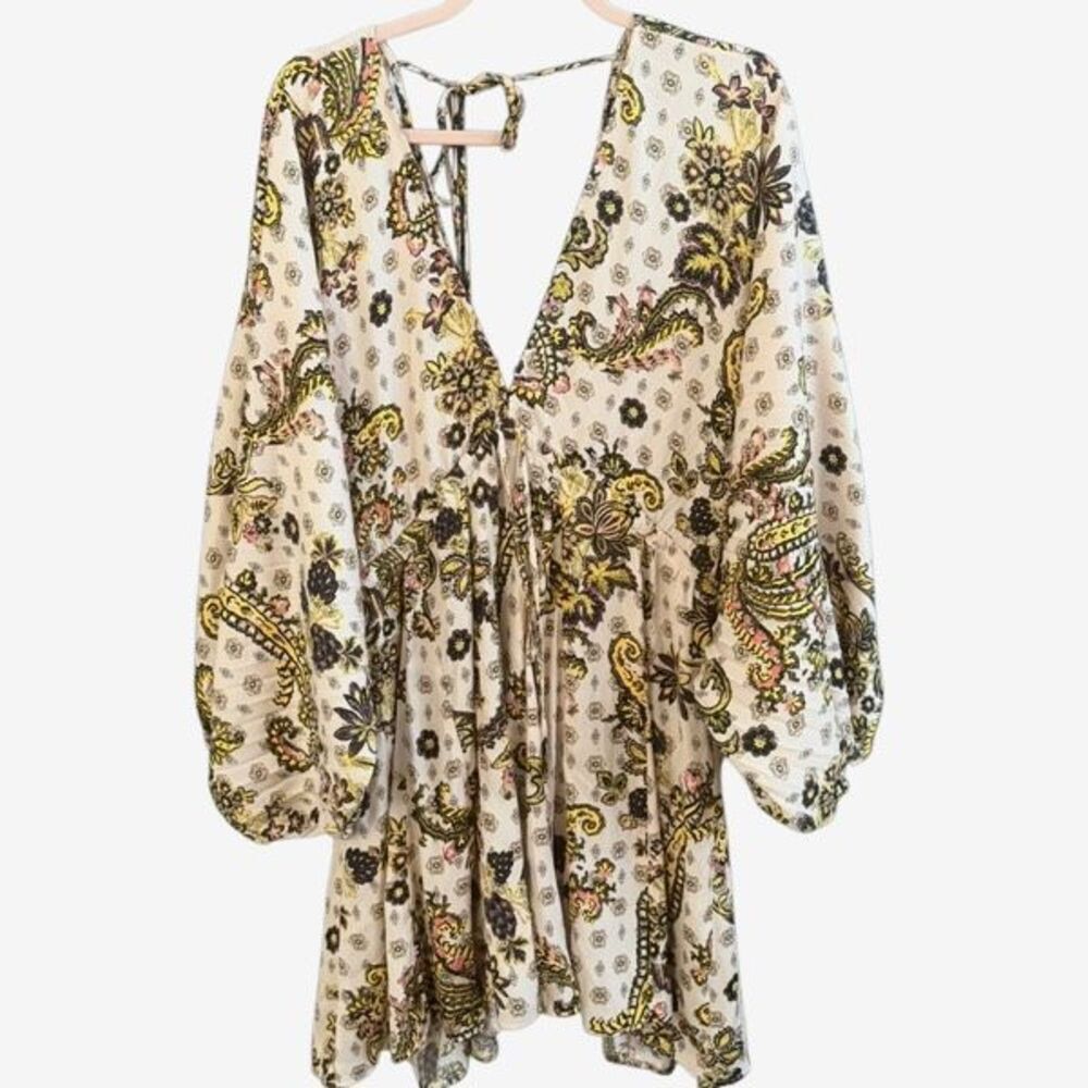 Free People Arzel Boho Peasant Paisley Dress Long Balloon Sleeve V-Neck Tea Sz S - Picture 4 of 14